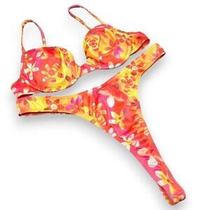 Vintage deadstock orange floral thong bikini